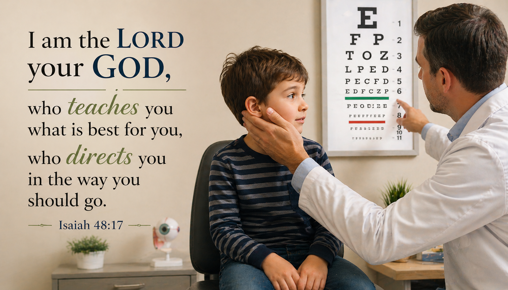 Doctor redirecting child toward eye chart — I am the Lord who teaches you what is best Bible verse wallpaper